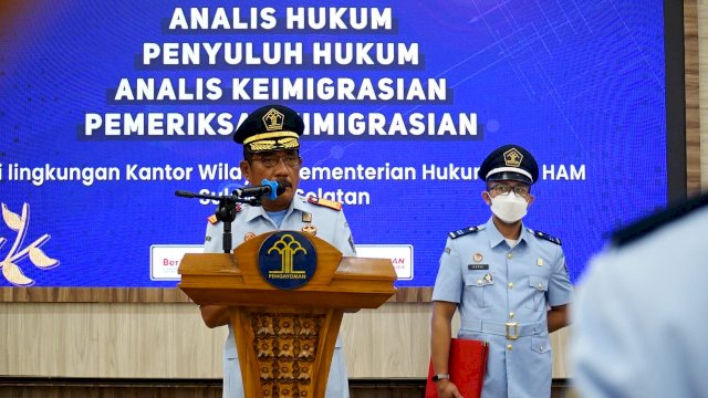 Kepala Kantor Wilayah (Kakanwil) Liberti , saat memberikan sambutan usai melantik para pejabat di lingkungan Kemenkumham Sulsel/IST