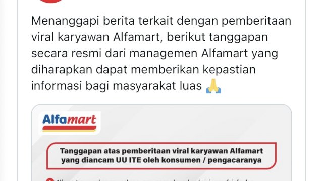 Tangkapan layar dari pernyataan sikap Alfamart pasca pegawainya dijerat UU ITE. 