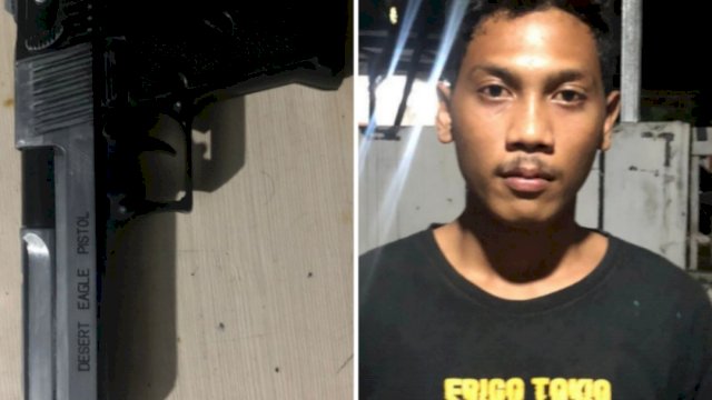 Pelaku dan barang bukti pistol mainan (ist)
