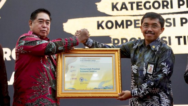 Pemerintah Provinsi (Pemprov) Sulawesi Selatan (Sulsel) dianugerahi BKN Award Kategori Pertama Tipe Besar/IST