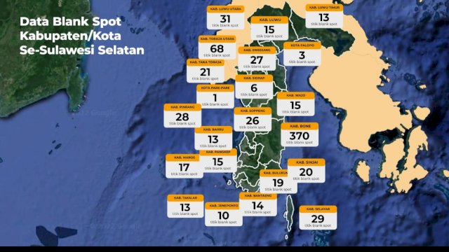 Data Blank Spot kabupaten/kota yang dirilies Dinas Komunikasi dan Informasi Sulsel/IST