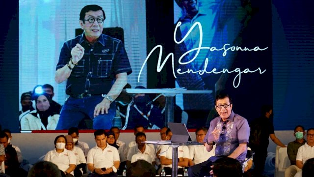 Menkumham, Yasonna Laoly dalam acara Yasonna Mendengar di Baruga Pettarani, Universitas Negeri Makassar (UNM), Rabu (28/9/2022). Foto: Portalmedia/Al Fath