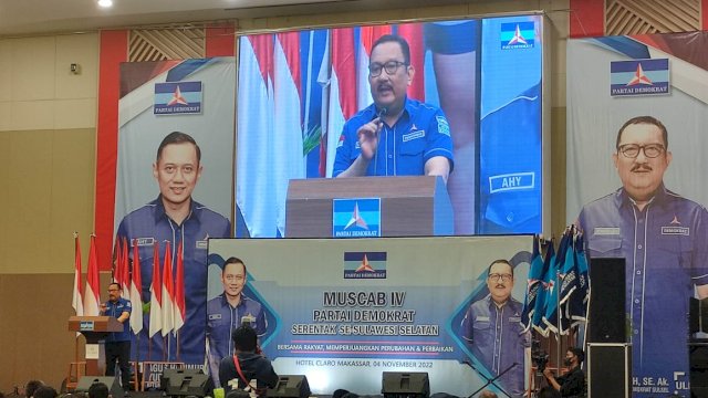 Ketua Demokrat Sulsel, Ni'matullah ketika membuka Muscab Demokrat IV, di Hotel Claro, Jumat (4/11/2022). Foto: Portalmedia/Al Fath