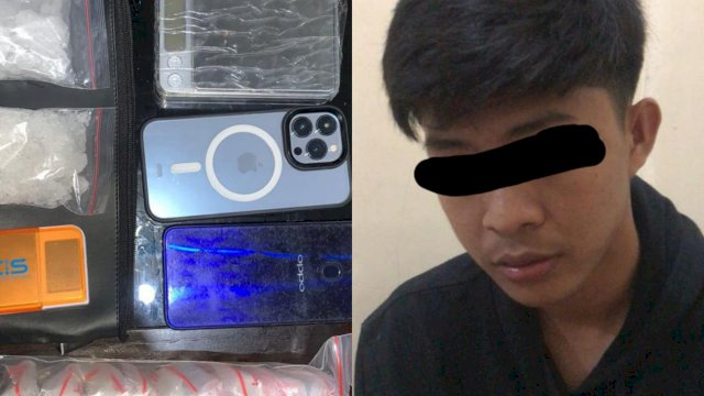 Pelaku tindak pidana penyalahgunaan dan peredaran narkotika jenis sabu yang diamankan Ditresnarkoba Polda Sulsel , bersama dengan barang bukti(ist)