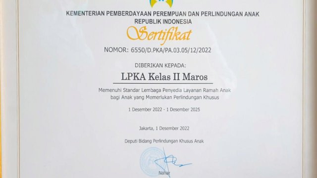 Kemen PPPA memberikan Standarisasi Lembaga Perlindungan Khusus Ramah Anak (LPKRA) kepada LPKA Kelas II Maros/IST