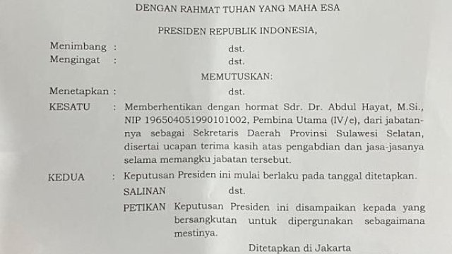 SK Pemecatan yang diterima Abdul Hayat Gani sebagai Sekprov Sulsel/IST