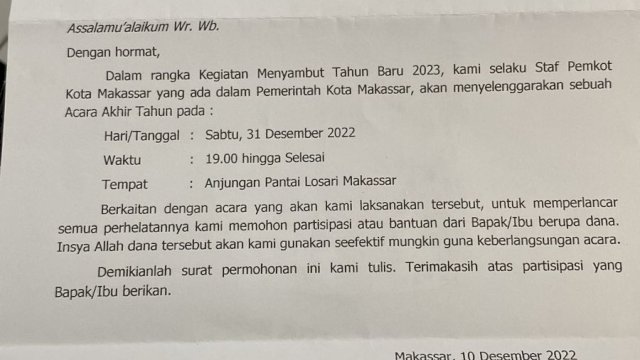 Surat pengantar proposal permintaan dana catut nama Wakil Walikota Makassar yang beredar luas/IST