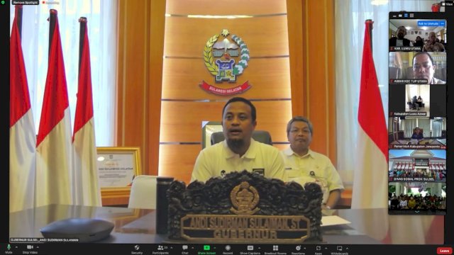 Gubernur Sulsel Andi Sudirman melaksanakan pertemuan virtual dengan Kepala Daerah, Kadis Sosial dan juga masyarakat penerima manfaat/Ist