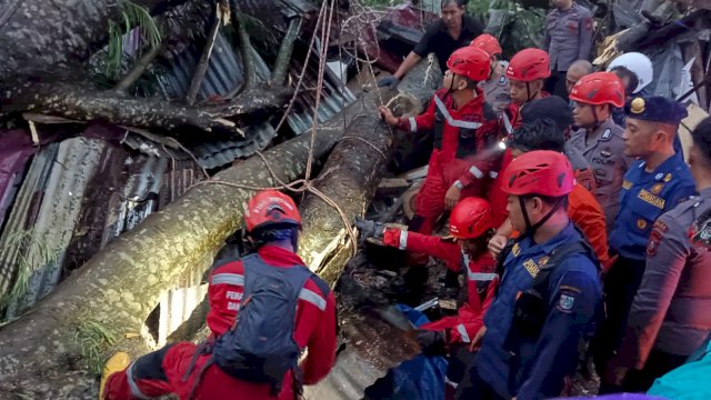 Petugas Damkar evakuasi pohon tumbang yang timpa rumah warga di Kecamatan Biringkanaya, Kota Makassar. Foto: ist