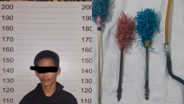 Remaja yang diamankan beserta barang bukti busur panah (ist)