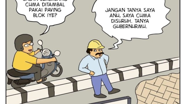 Salah satu slide sentilan komikus @daeng_hermanto soal perbaikan jalan. Foto: IG/@daeng_hermanto