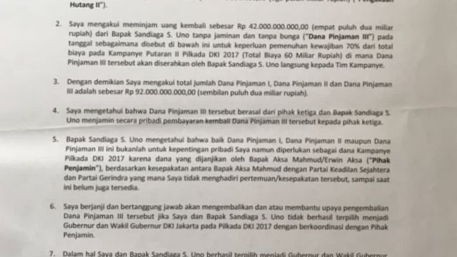 Surat perjanjian utang Anies Baswedan dan Sandiaga Uno. Foto: ist