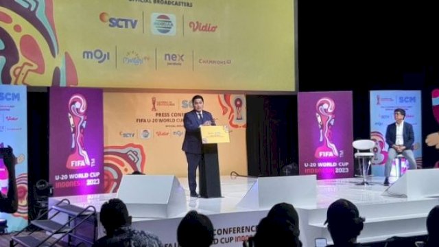Ketua Umum PSSI Erick Thohir saat konferensi pers hak siar Piala Dunia U-20 2023. Foto: dok suara.com