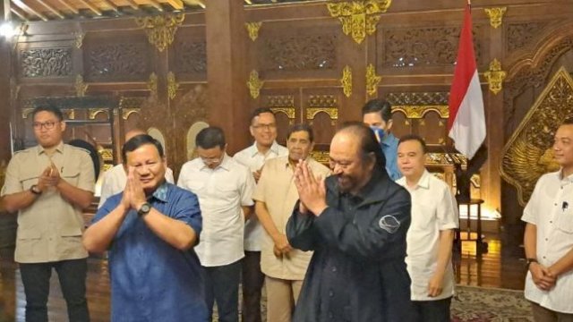 Ketum Partai Gerindra saat menerima kunjungan Ketum Partai NasDem Surya Paloh. Foto: dok suara