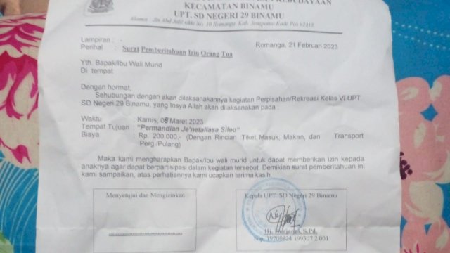 Surat permohonan sumbangan yang dikeluarkan pihak sekolah kepada orang tua siswa/Ist