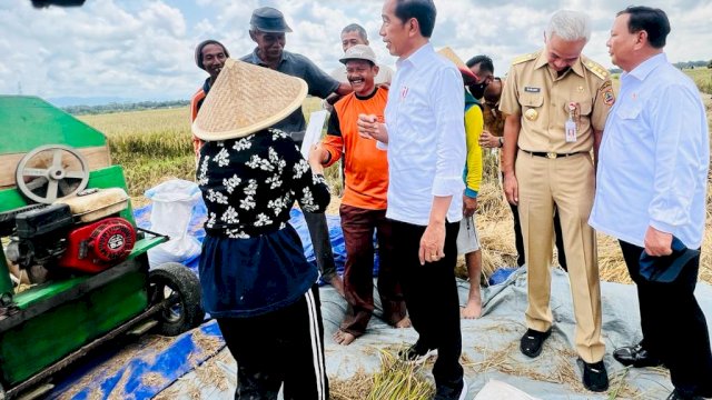 Presiden Jokowi menyaksikan panen raya padi, di Kebumen, Provinsi Jawa Tengah, Kamis, 9 Maret 2023.