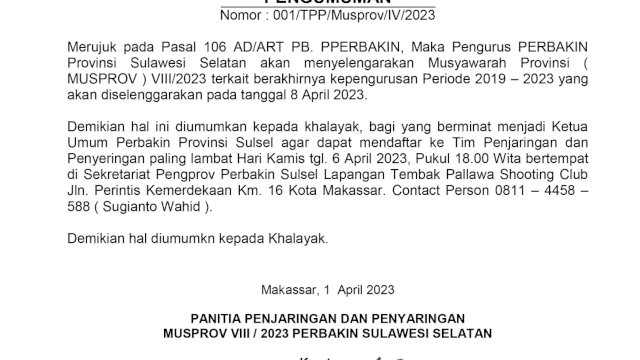 Pendaftaran Ketua Perbakin Sulsel Mulai di Buka, TPP Ingatkan 4 Syarat Ini!