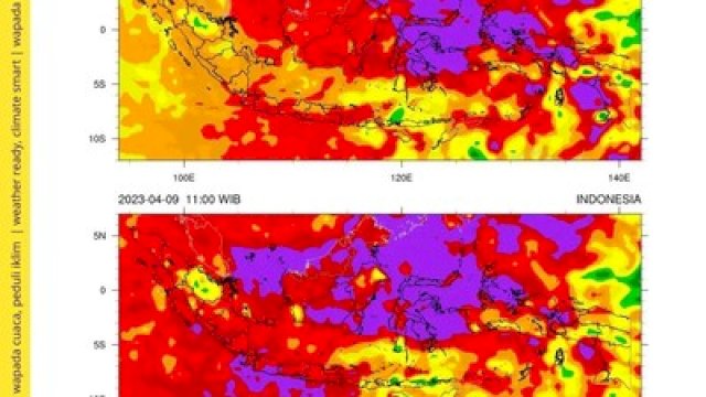 Sinar UV di wilayah Indonesia untuk prediksi tanggal 9 April 2023.