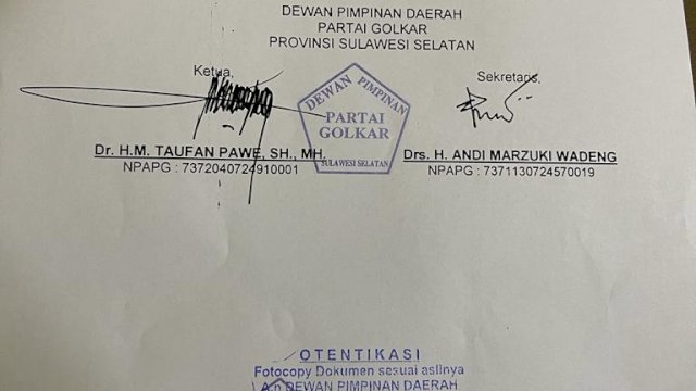 Taufan Pawe Tunjuk Wahab Tahir Jabat Sekertaris Golkar Makassar