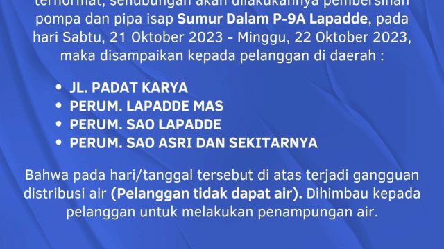 PAM Tirta Karajae Parepare Umumkan Gangguan Distribusi Air Akibat Perbaikan Pompa Isap