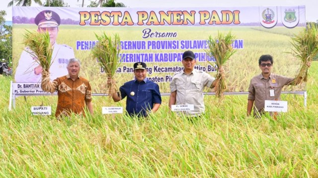 Penjabat Gubernur Sulsel, Bahtiar Baharuddin, pesta panen padi di Desa Pananrang, Kecamatan Mattiro Bulu, Kabupaten Pinrang, Kamis, 2 November 2023.