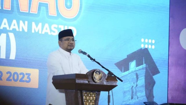 Menag dalam acara Rakernas BKM di Asrama Haji Pondok Gede, Jakarta Timur, Rabu, 8 November 2023.
