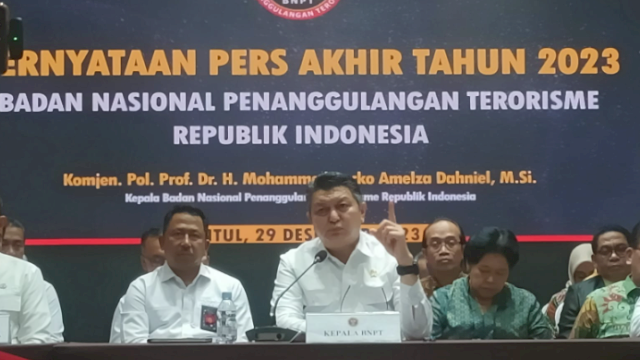 Kepala BNPT Komjen&nbsp;Rycko Amelza Dahniel&nbsp;dalam Konferensi Pers Akhir Tahun 2023, di Aula Indonesia Harmoni, Sentul, Bogor, Jawa Barat, kemarin, Jumat, 29 Desember 2023.