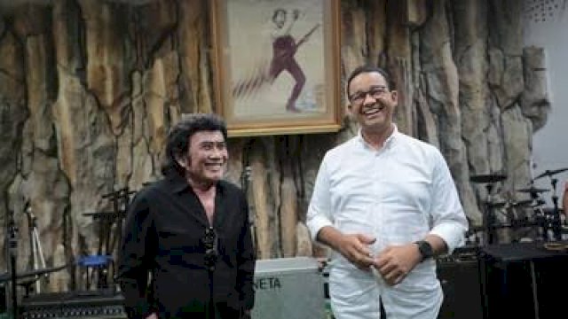 MINTA RESTU. Calon presiden nomor urut 1 Anies Baswedan mengunjungi legenda dangdut Indonesia, Rhoma Irama&nbsp;di kantor Soneta Record di Depok, Jawa Barat, Sabtu (20/01/2024).