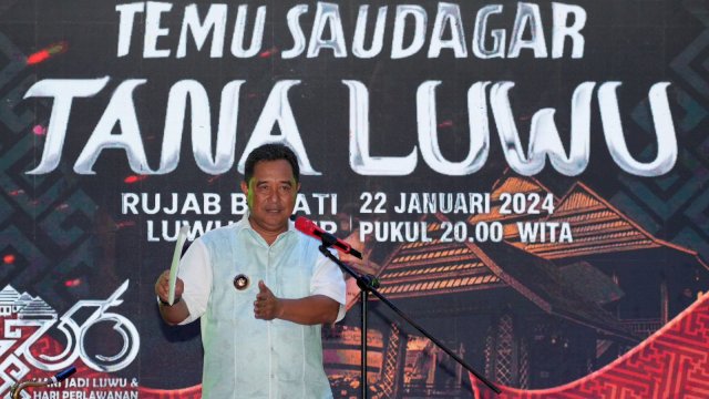 Pj Gubernur Sulsel Bahtiar Baharuddin pada acara Temu Saudagar Tana Luwu, di Rumah Jabatan Bupati Luwu Timur, Senin malam, 22 Januari 2024.