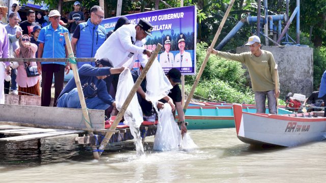 Sebanyak 1 juta 10 ribu ikan nila dan ikan mas ditebar di Kelurahan Salomenraleng, Kecamatan Tempe oleh Pj Gubernur Sulsel, Bahtiar Baharuddin.