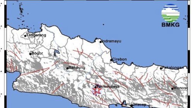 Peta lokasi gempa bumi magnitudo M3,1 yang bersumber di darat pada koordinat 7.38 LS dan 108.24 BT, atau 8 kilometer dari arah Tenggara Kota Tasikmalaya, Jawa Barat pada kedalaman 6 kilometer, Jumat (16/2/2024).