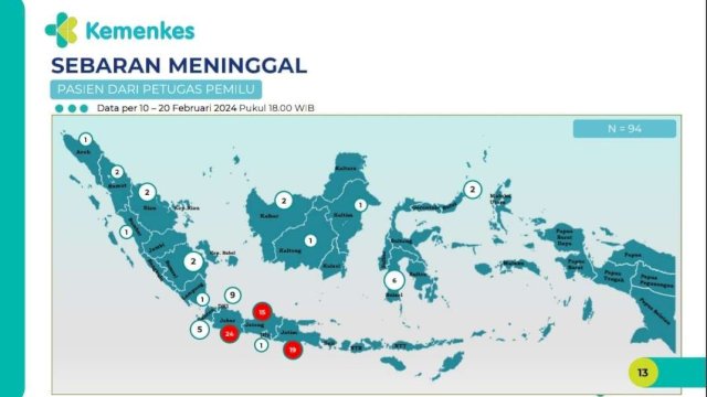 Data sebaran petugas penyelenggara pemilu yang meninggal dunia selama pelaksanaan Pemilu 2024 di Indonesia. (Dok. Kementerian Kesehatan RI)