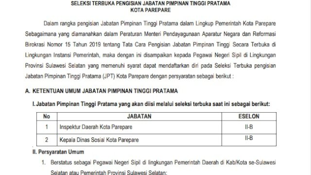 Pemkot Parepare Buka Selter Dua Jabatan Eselon II-B