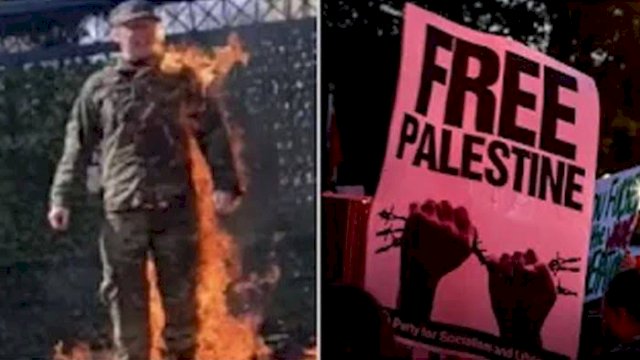 Seorang tentara Angkatan Udara Amerika Serikat (AS) membakar diri di depan Kedutaan Besar Israel.
