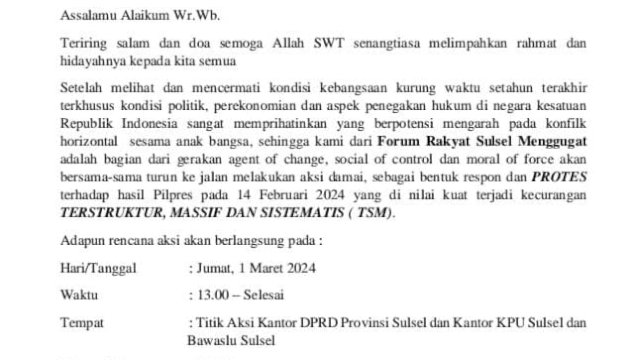 Besok, FORSUM Gelar Aksi Protes Hasil Pilpres 2024