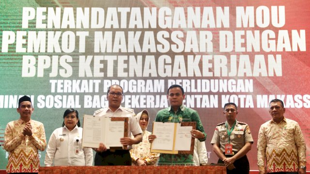 Wali Kota Makassar, Moh Ramdhan Pomanto, melakukan penandatanganan Memorandum of Understanding (MoU) bersama BPJS Ketenagakerjaan, di Claro Hotel Makassar, Rabu, 6 Maret 2024. 