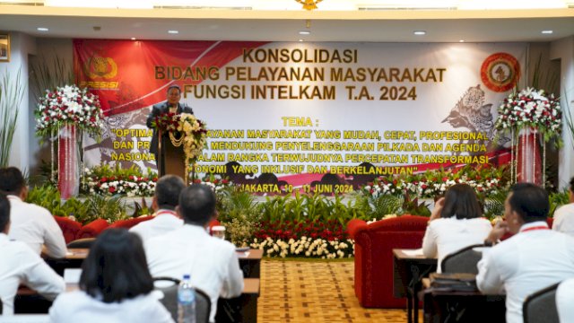 Ketua Bawaslu Rahmat Bagja dalam acara Konsolidasi Bidang Pelayanan Masyarakat Intelkam di Jakarta, Senin (10/6/2024).