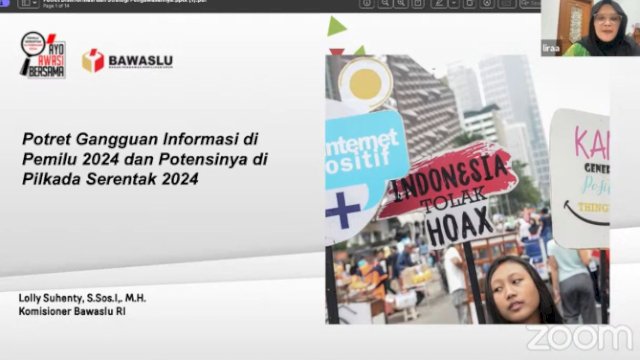 Anggota Bawaslu Lolly Suhenty dalam kegiatan Potret Gangguan Informasi di Pemilu 2024 dan Potensinya di Pilkada Serentak 2024 yang di selenggarakan oleh Perludem via daring, Selasa (11/06/2024).