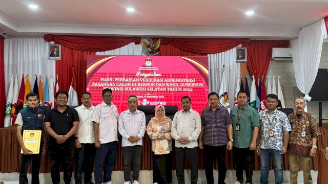 KPU Serahkan Hasil Verifikasi Administrasi Perbaikan Bapaslon Gubernur dan Wakil Gubernur Sulsel