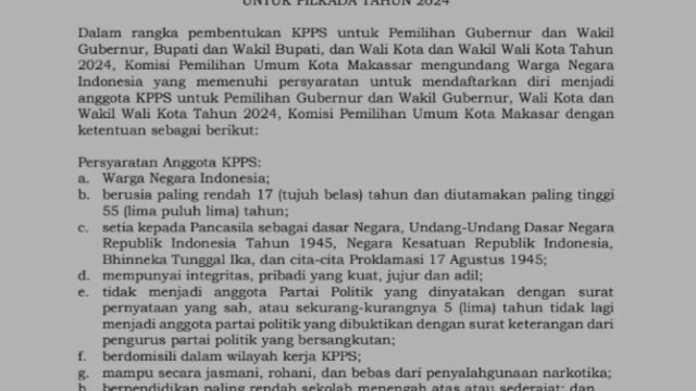Surat pengumuman pendaftaran calon anggota KPPS oleh KPU Kota Makassar.