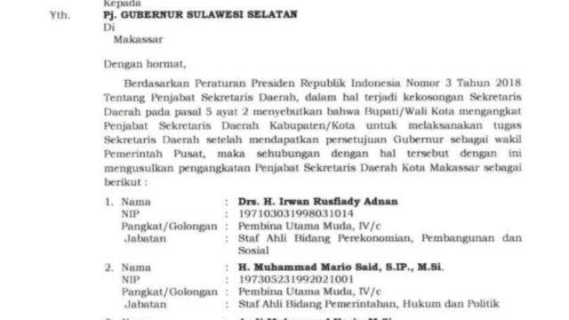 3 Nama Calon Pengganti Firman Pagarra Beredar, Pj Wali Kota Pertanyakan Keabsahannya