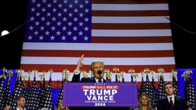Trump menyampaikan pidato kemenangan usai unggul versi hitung cepat sejumlah media AS.