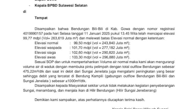 Curah Hujan Tinggi Picu Kenaikan Debit Air di Bendungan Bili-bili