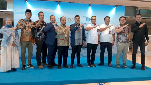 Peluncuran rute penerbangan umrah di Bandara International Sultan Hasanuddin Makassar, Minggu 13 Juli 2025.