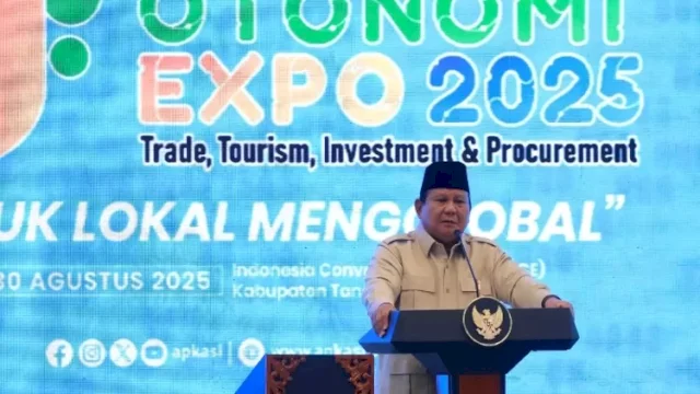 Presiden Prabowo Subianto saat berpidato pada acara Apkasi Otonomi Expo 2025 di Tangerang, Banten (Dok. Promedia )
