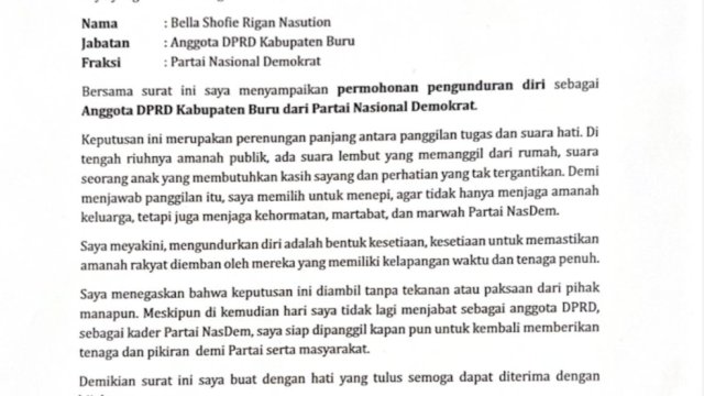 Politisi NasDem Bella Shofie Resmi Mundur dari DPRD Buru dan Dunia Politik