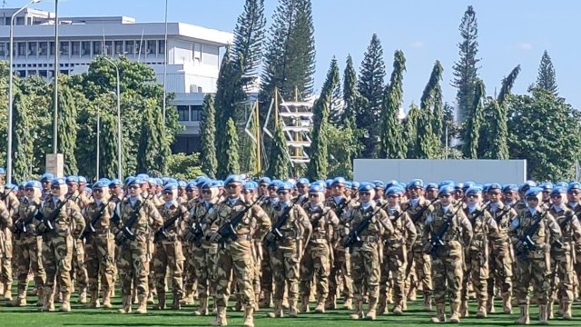 Sebanyak 1.087 personel pasukan perdamaian Satuan Tugas (Satgas) Kontingen Garuda (Konga) TNI Unifil tahun anggaran 2024, disambut kembali ke Tanah Air dalam upacara di Lapangan Prima, Mabes TNI, Cilangkap, Jakarta Timur, pada Kamis (24/4/2025).(KOMPAS.com/NICHOLAS RYAN ADITYA)