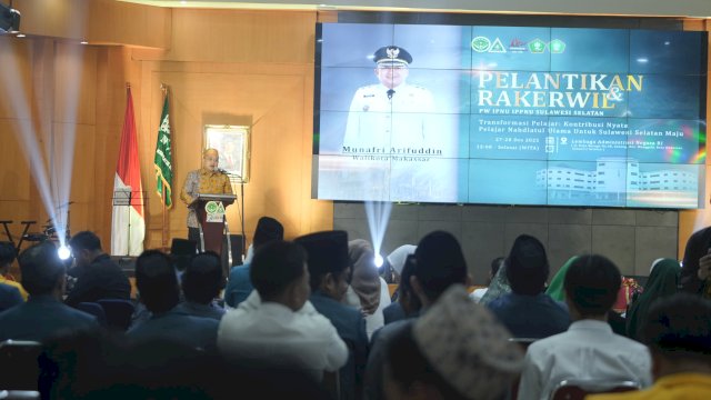Wali Kota Makassar, Munafri Arifuddin, saat menghadiri Rapat Kerja Wilayah (Rakerwil) IPNU&ndash;IPPNU Sulawesi Selatan di Aula Lembaga Administrasi Negara (LAN) RI Antang, Sabtu (27/12/2025).