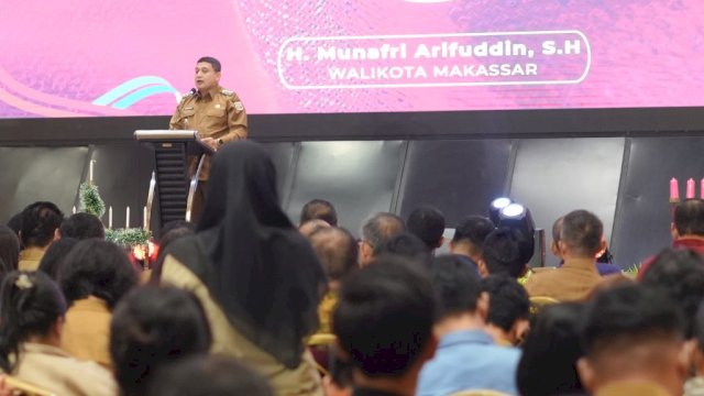 Wali Kota Makassar, Munafri Arifuddin dalam Perayaan Natal Pemerintah Kota Makassar yang digelar perdana untuk ASN lingkup Pemkot Makassar di Hotel Myko, Selasa (20/1/2026).
