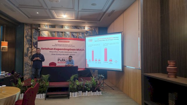 Lembaga survei Parameter Publik Indonesia (PPI) Setahun Kepemimpinan Mulia dalam forum Survei Kepuasan Masyarakat yang digelar di Hotel Mercure Makassar, Kamis (19/2/2026).